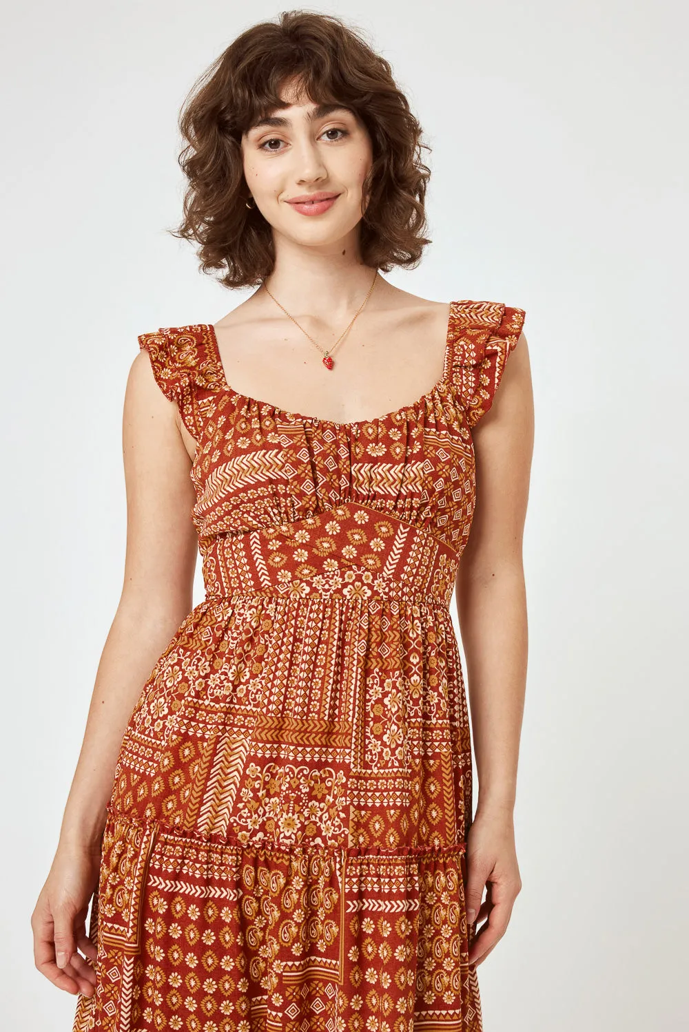 Rust Patchwork Flutter Sleeve Midi Dress