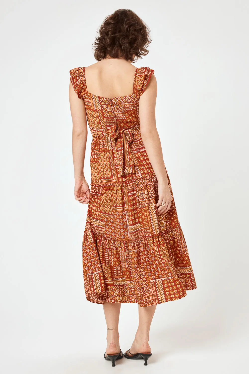 Rust Patchwork Flutter Sleeve Midi Dress