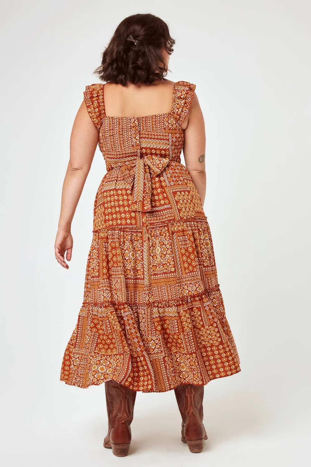 Rust Patchwork Flutter Sleeve Midi Dress