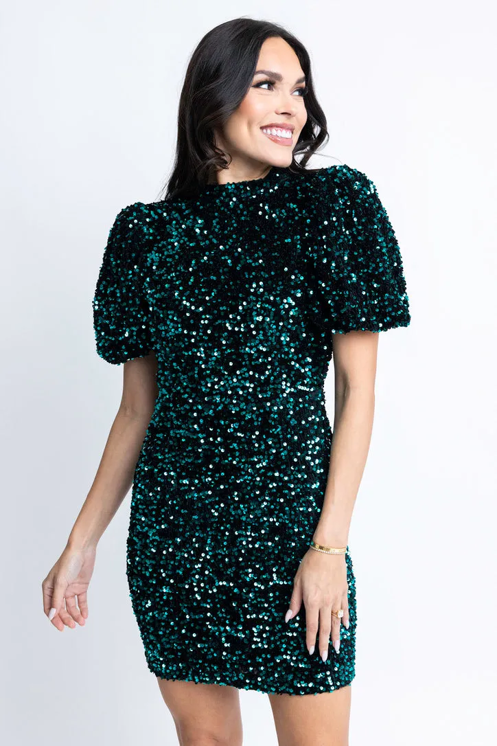 Sequin Puff Sleeve Open Back Dress