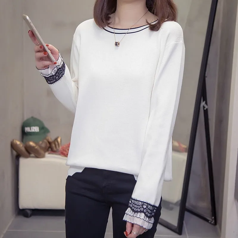 Splice Color 2019 Wave Oversize Knitted Tops Plus Size Autumn Winter Fashion Clothes Lace Trim Loose Jumper Pullovers Sweaters Elegant Women Clothes