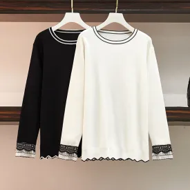 Splice Color 2019 Wave Oversize Knitted Tops Plus Size Autumn Winter Fashion Clothes Lace Trim Loose Jumper Pullovers Sweaters Elegant Women Clothes