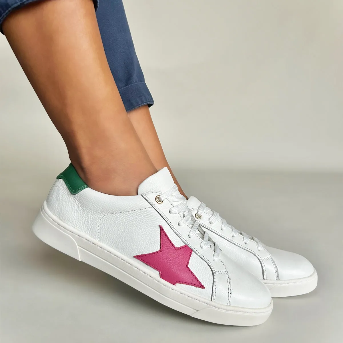 Superstella Wide Fit Trainers - Green & Pink Leather