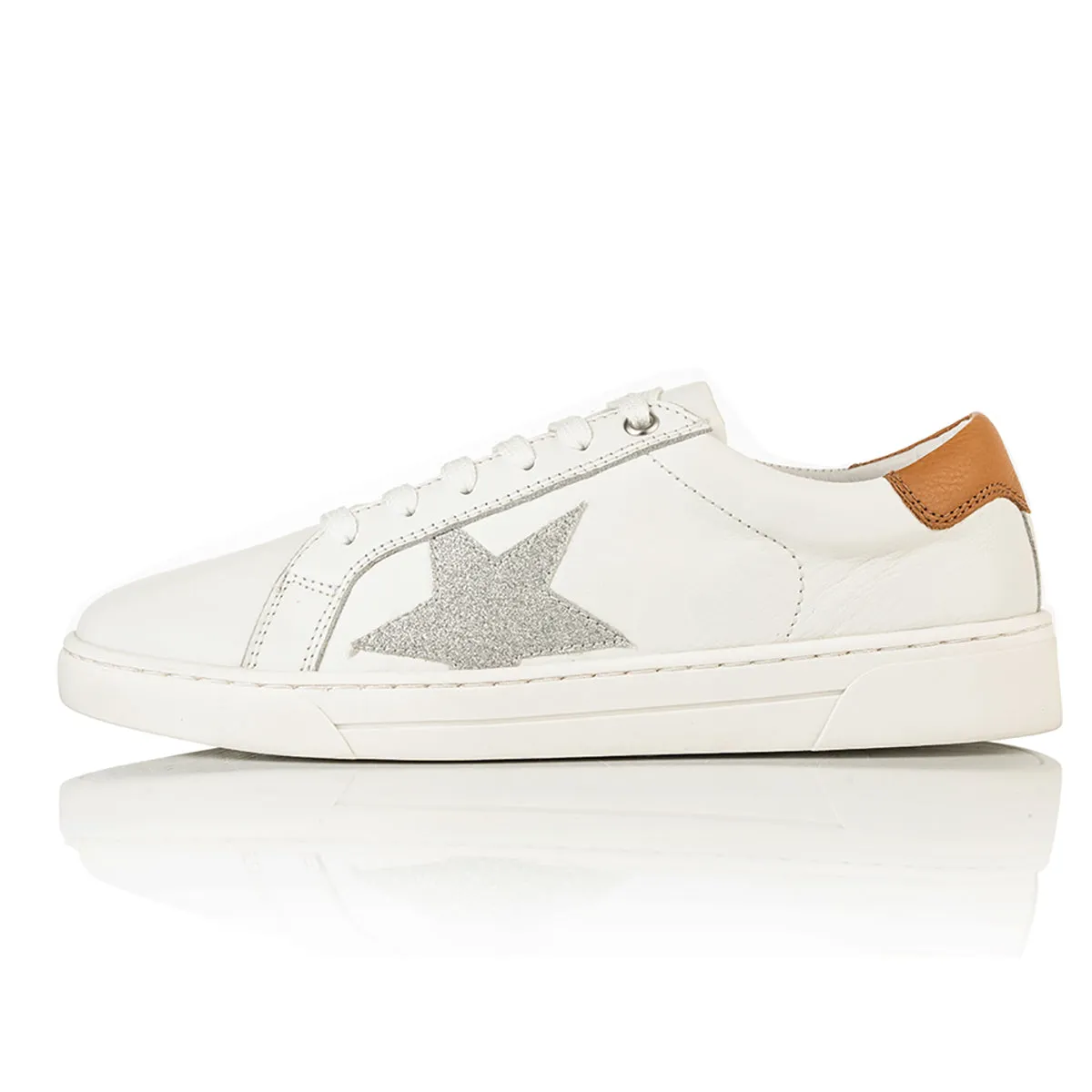 Superstella Wide Fit Trainers - Tan & Silver Leather