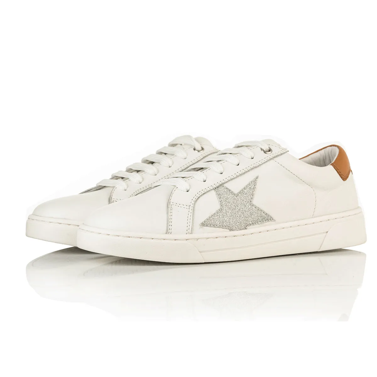 Superstella Wide Fit Trainers - Tan & Silver Leather