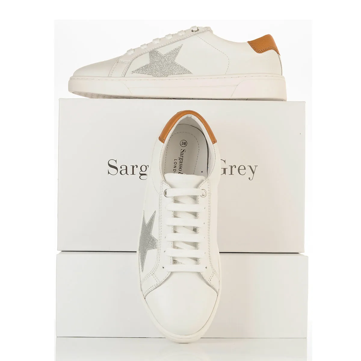 Superstella Wide Fit Trainers - Tan & Silver Leather