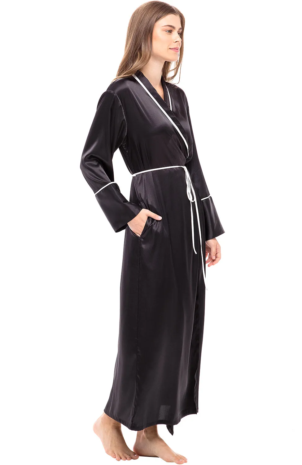 Women's Classic Waist Tie Satin Lounge Robe with Pockets