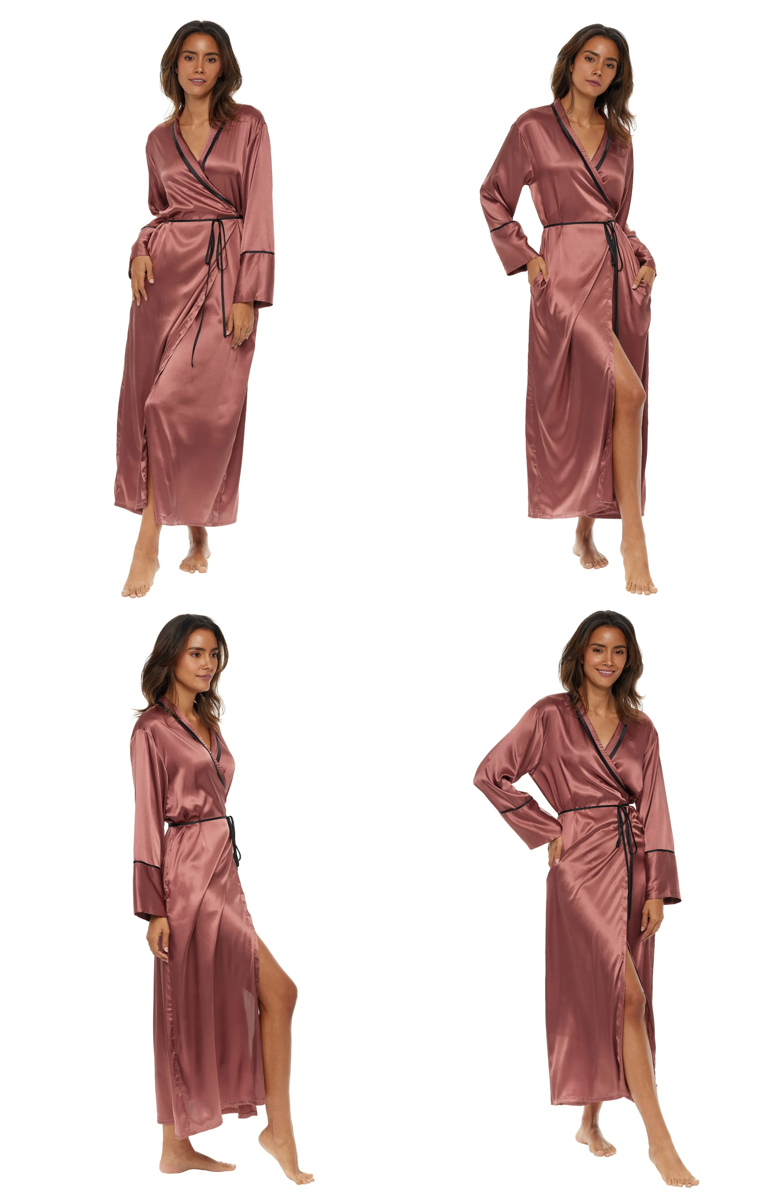 Women's Classic Waist Tie Satin Lounge Robe with Pockets