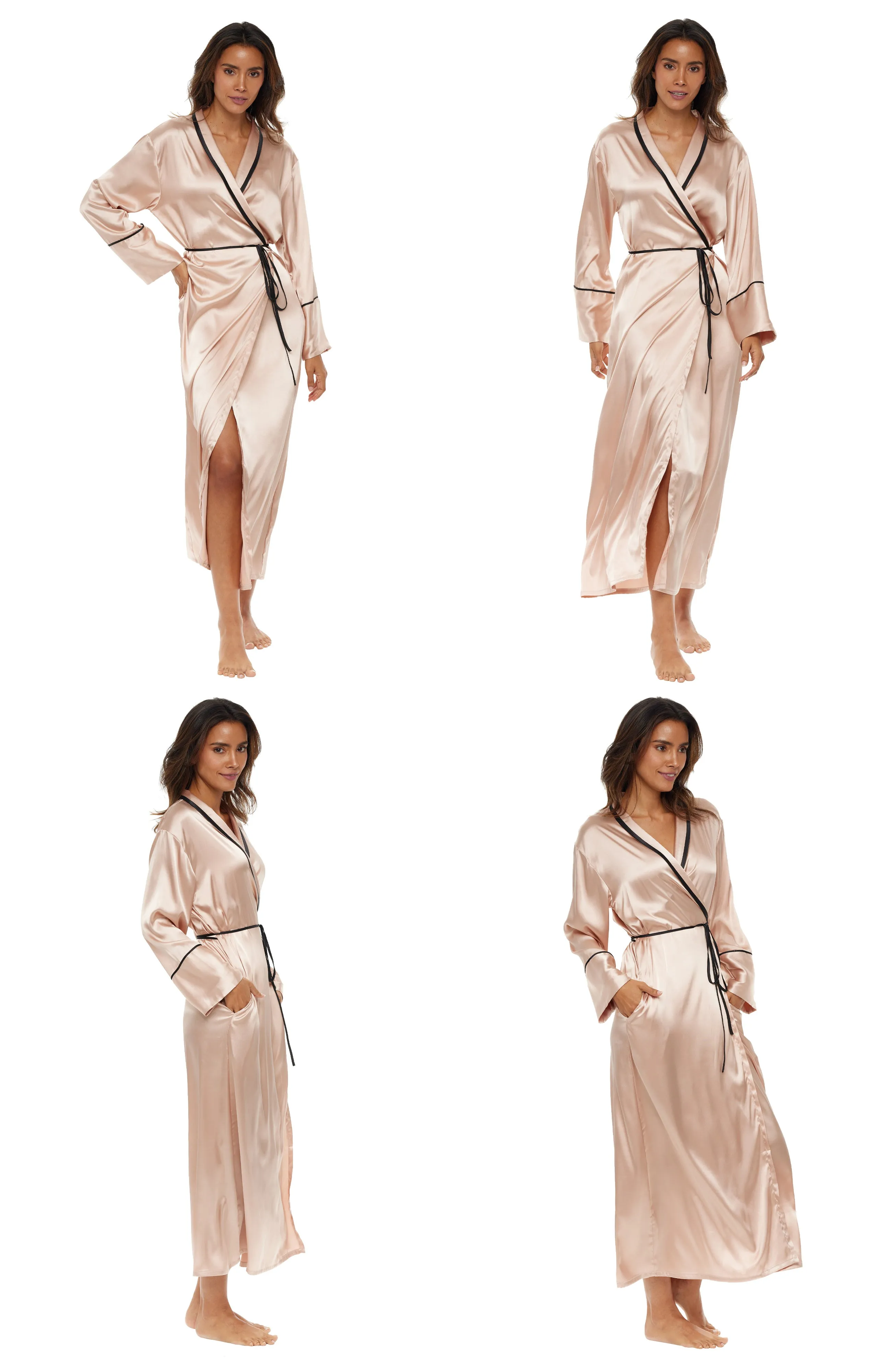 Women's Classic Waist Tie Satin Lounge Robe with Pockets