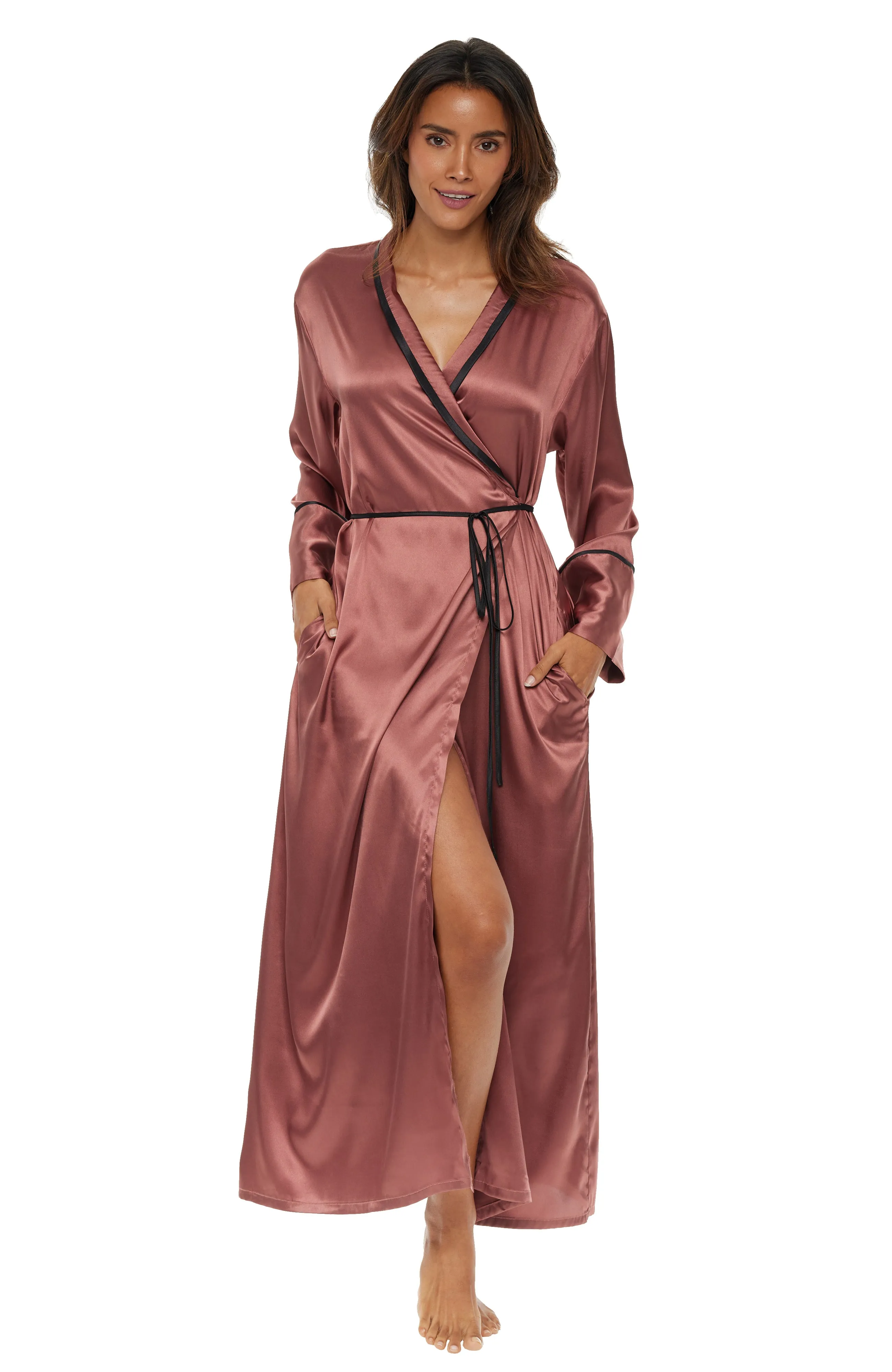 Women's Classic Waist Tie Satin Lounge Robe with Pockets