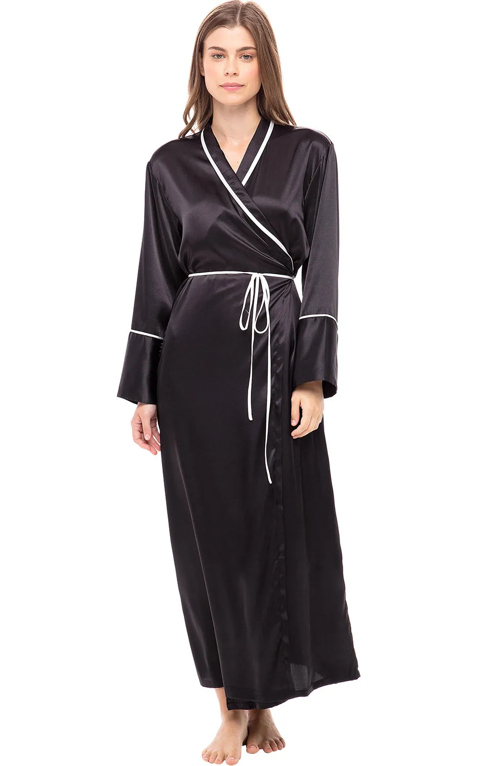 Women's Classic Waist Tie Satin Lounge Robe with Pockets