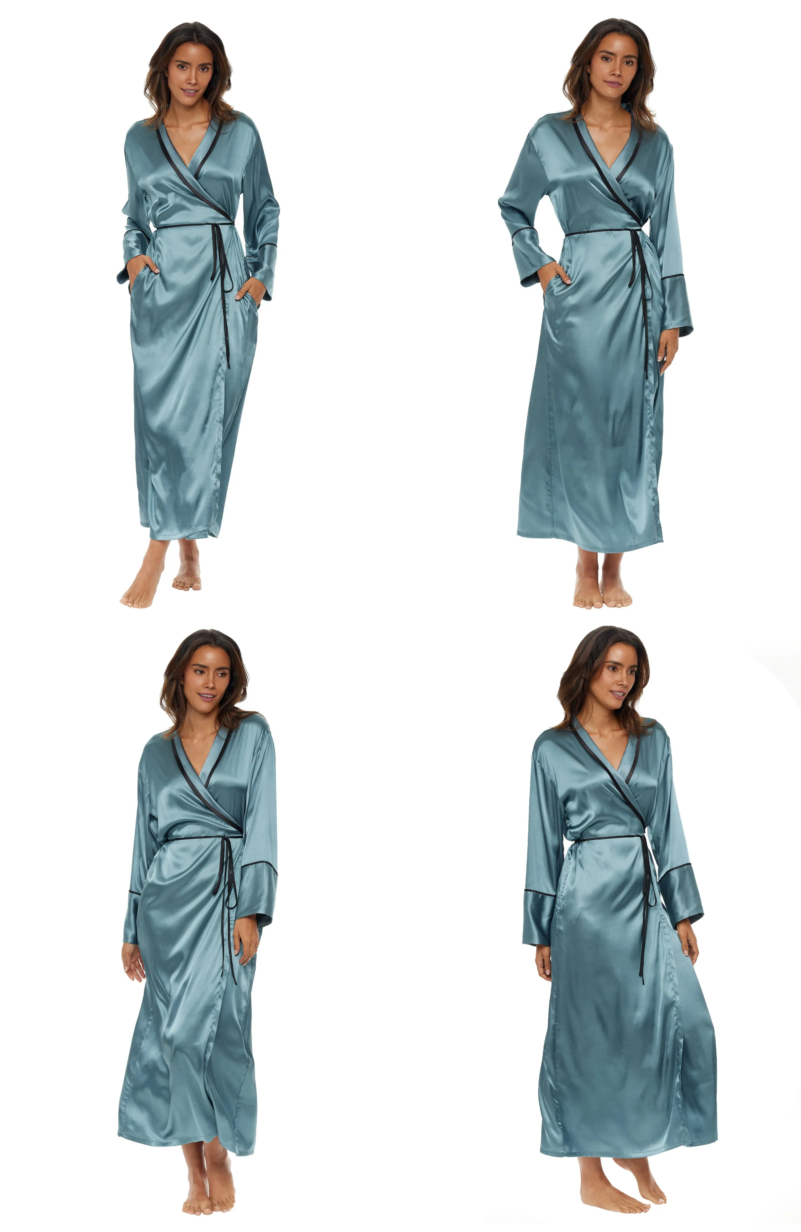 Women's Classic Waist Tie Satin Lounge Robe with Pockets